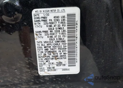 2020 Nissan Rogue Sv Fwd z USA, uszkodzony, nr VIN JN8AT2MTXLW038756